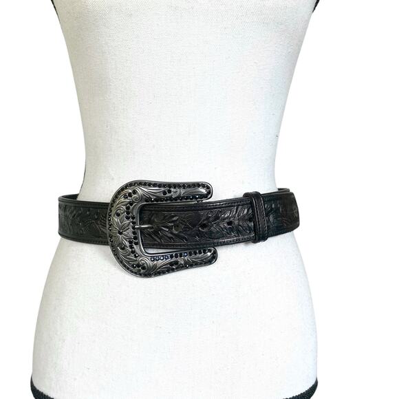 VTG Western Acorn Tooled Sz 32” Dark Brown Gun Metal Buckle Rhinestone Bling - Picture 3 of 12